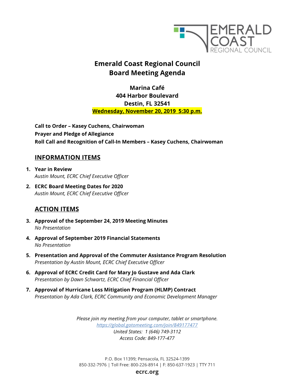 Emerald Coast Regional Council Board Meeting Agenda