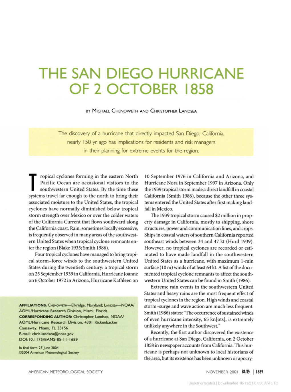 The San Diego Hurricane of 2 October 1858