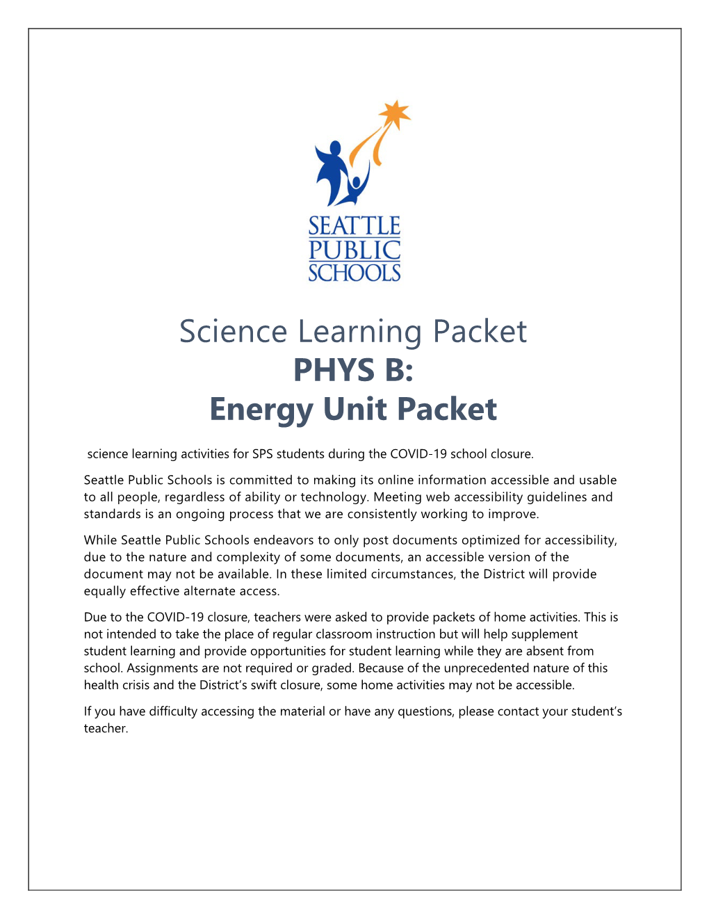 Science Learning Packet PHYS B: Energy Unit Packet