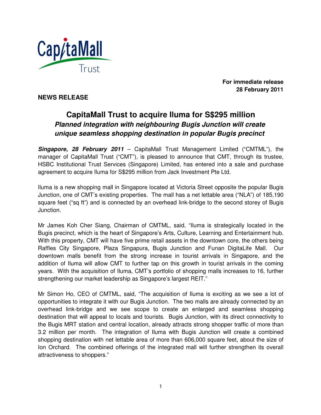 Capitamall Trust to Acquire Iluma for S$295 Million