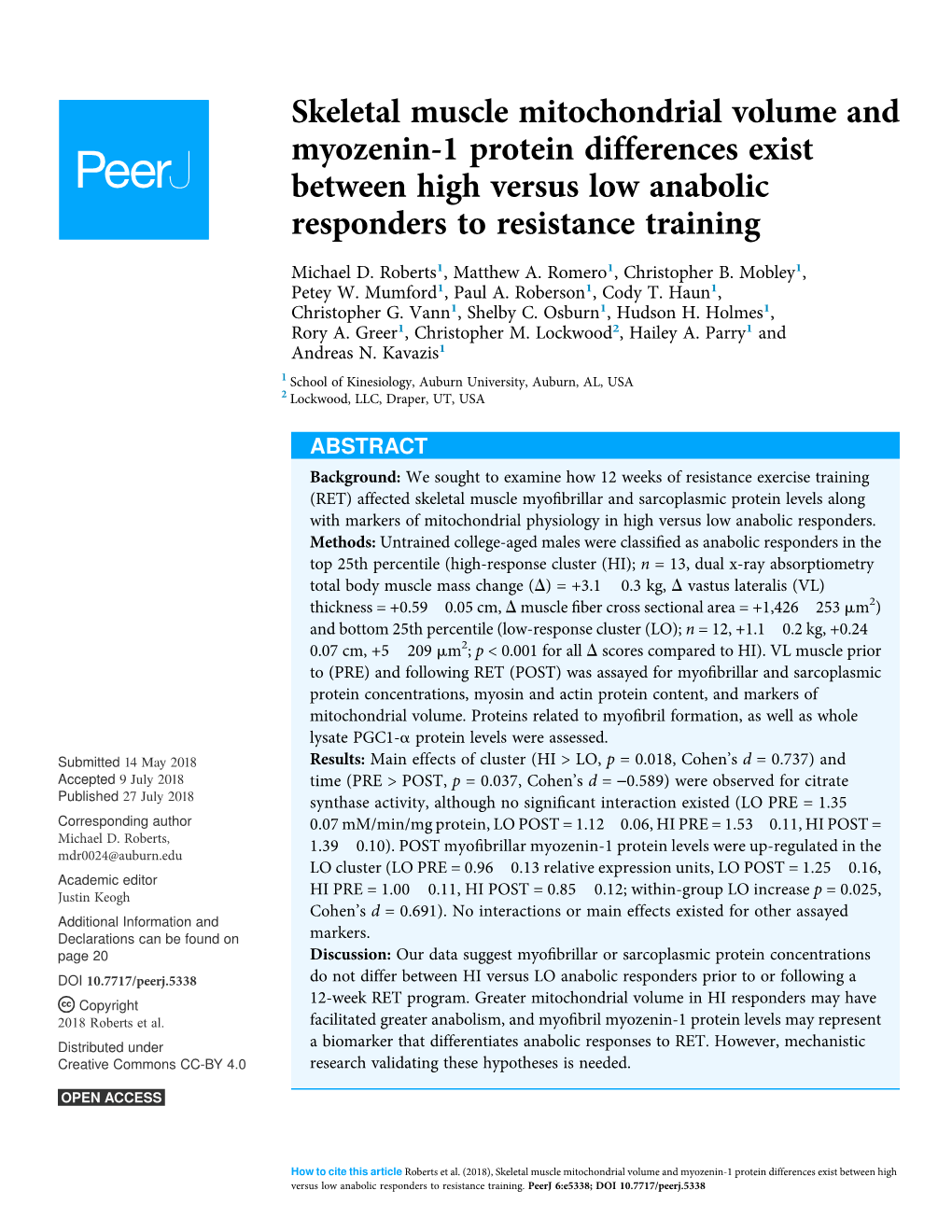 Skeletal Muscle Mitochondrial Volume and Myozenin-1 Protein Differences Exist Between High Versus Low Anabolic Responders to Resistance Training