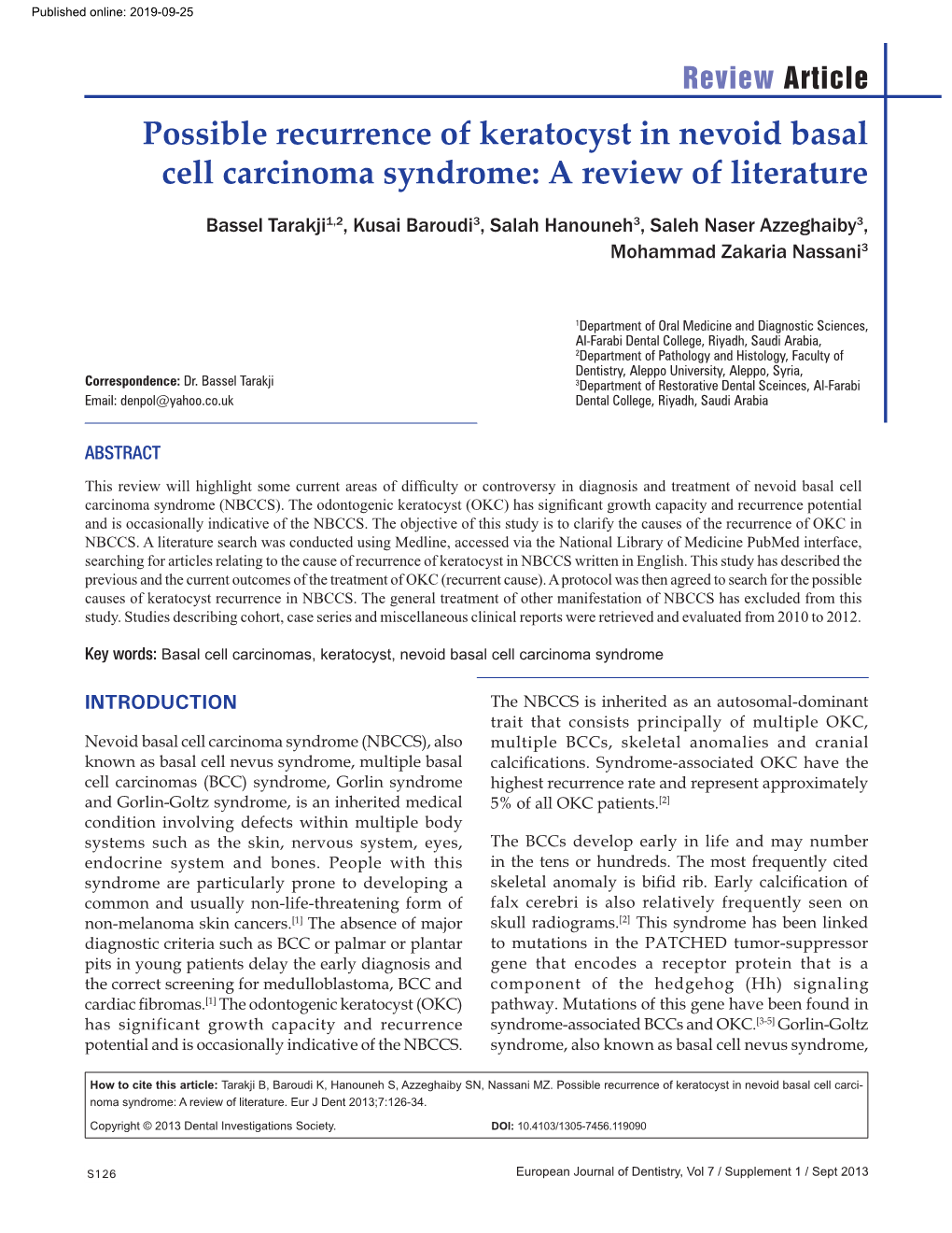 Possible Recurrence of Keratocyst in Nevoid Basal Cell Carcinoma Syndrome: a Review of Literature