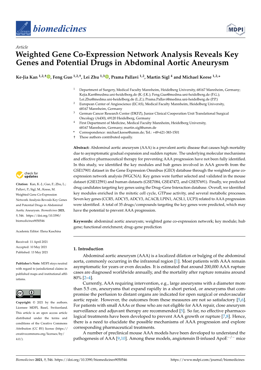 Weighted Gene Co-Expression Network Analysis Reveals Key Genes and Potential Drugs in Abdominal Aortic Aneurysm