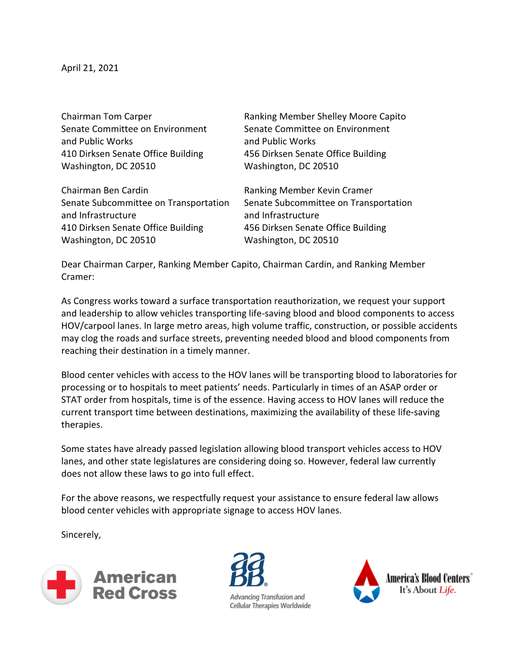 Joint Letters to Congress Supporting Blood Transport Vehicles' Access to HOV/Carpool Lanes