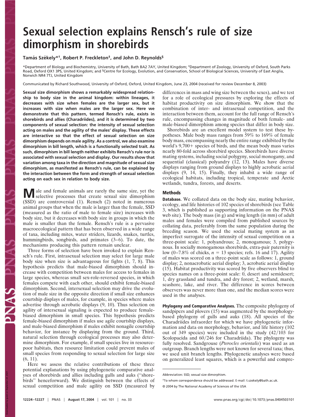 Sexual Selection Explains Rensch's Rule of Size Dimorphism in Shorebirds