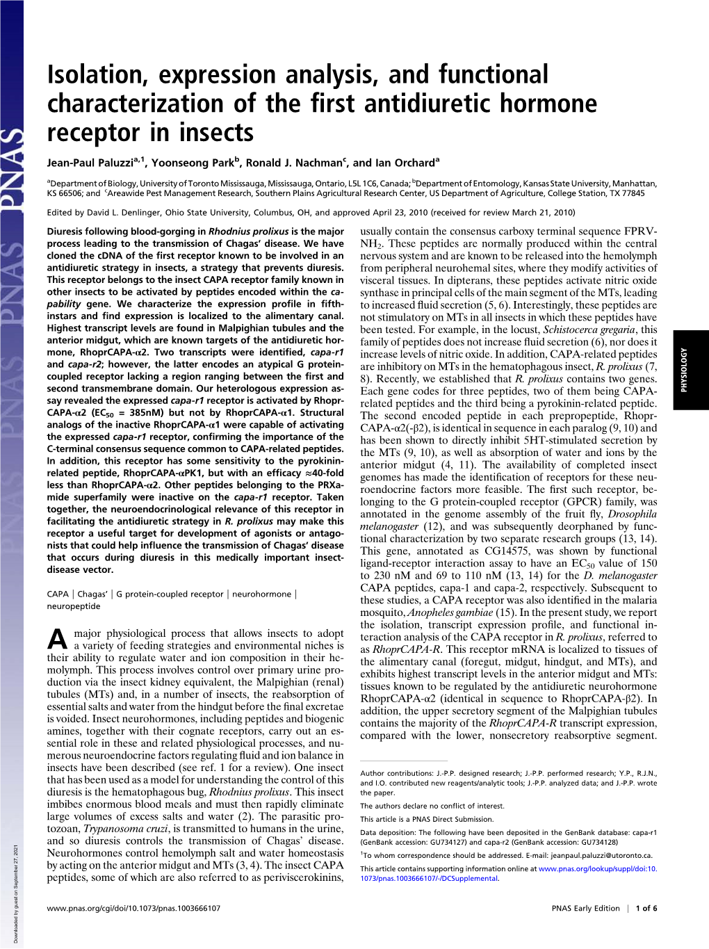 Isolation, Expression Analysis, and Functional Characterization of the First Antidiuretic Hormone Receptor in Insects