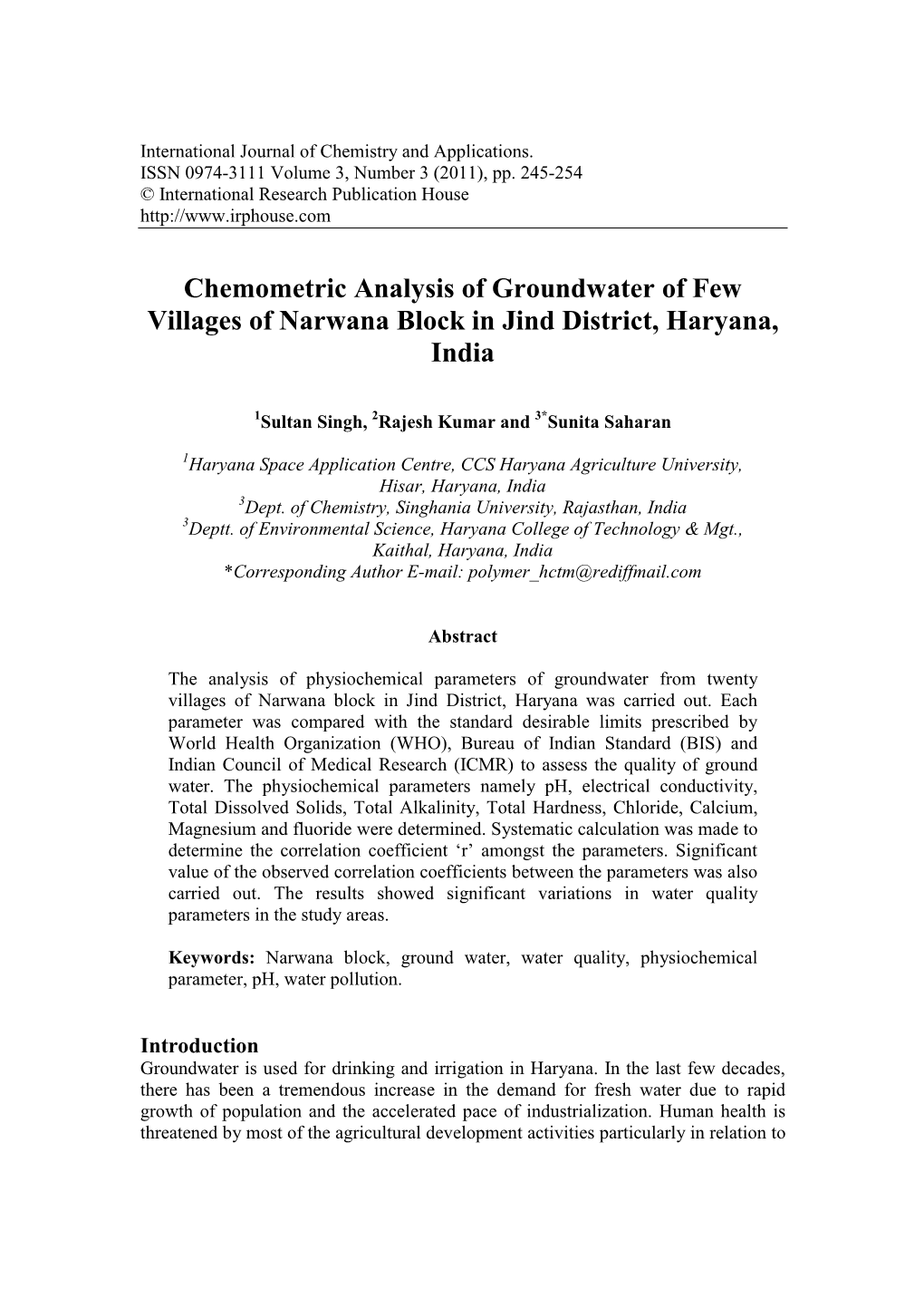 Chemometric Analysis of Groundwater of Few Villages of Narwana Block in Jind District, Haryana, India