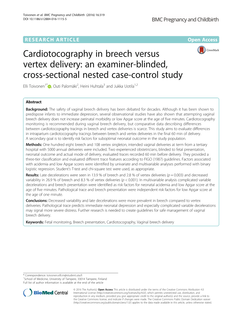 Cardiotocography in Breech Versus Vertex Delivery
