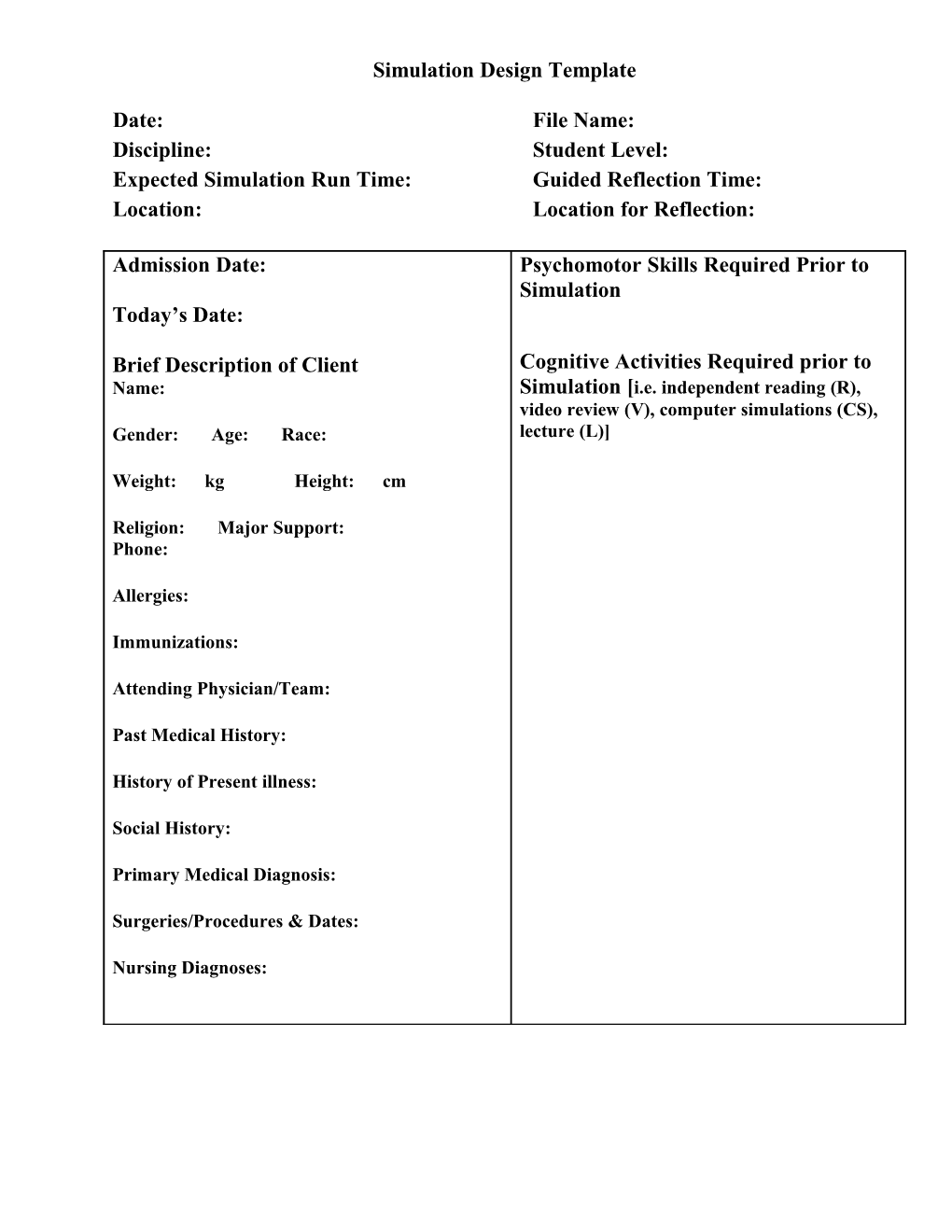 Simulation Design Template