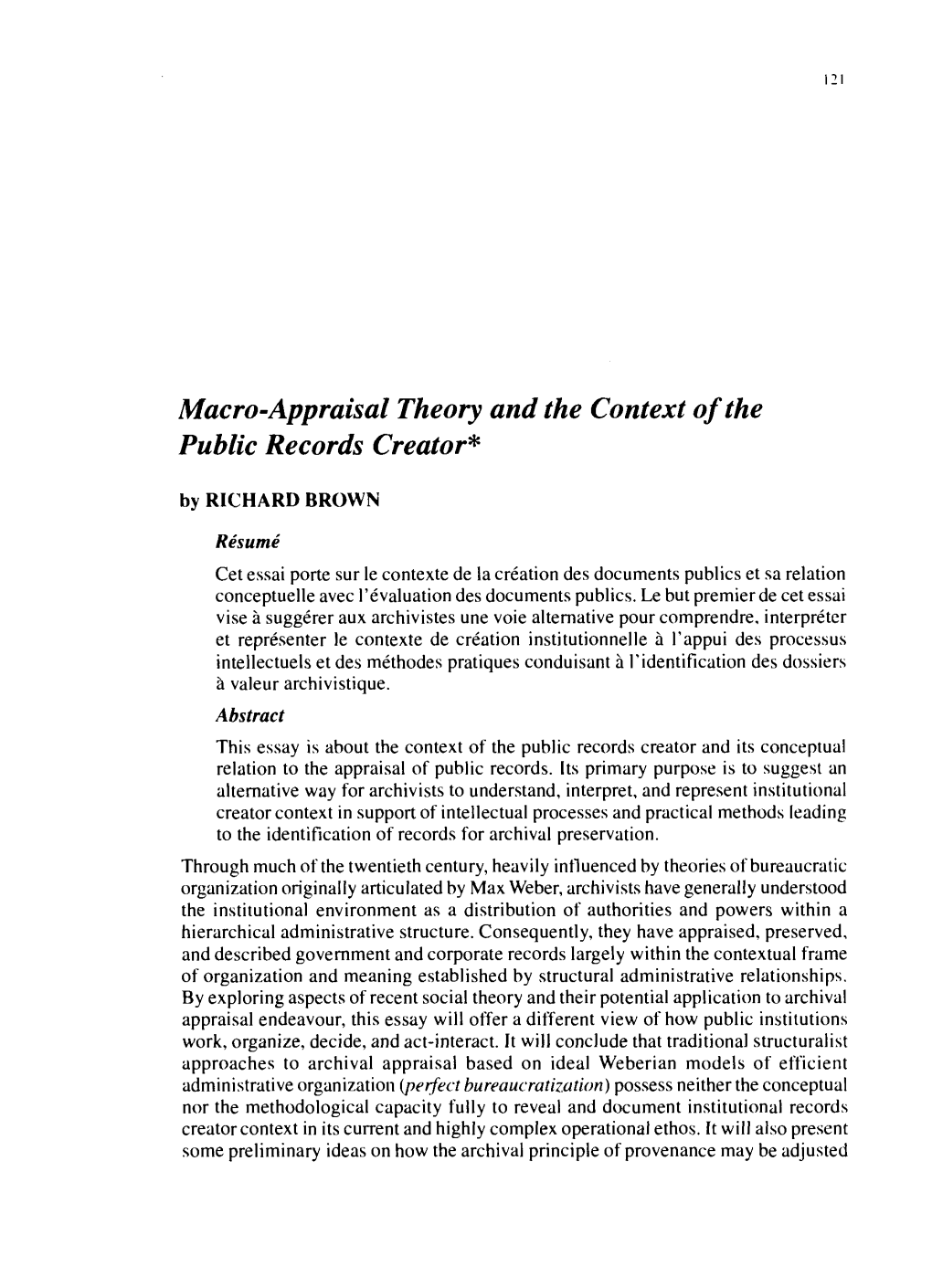 Macro-Appraisal Theory and the Context of the Public Records Creator* by RICHARD BROWN