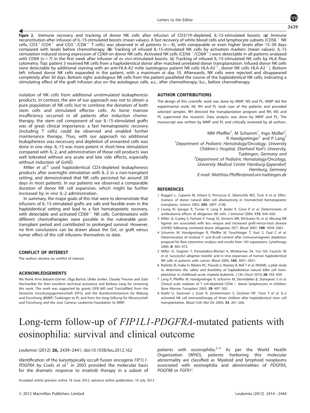 FIP1L1-PDGFRA-Mutated Patients with Eosinophilia: Survival and Clinical Outcome