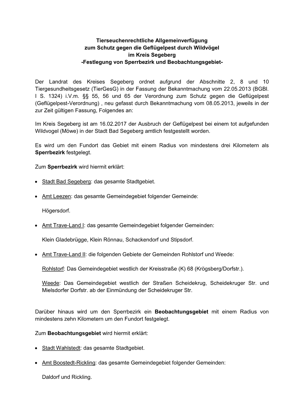 Tierseuchenrechtliche Allgemeinverfügung Zum Schutz Gegen Die Geflügelpest Durch Wildvögel Im Kreis Segeberg -Festlegung Von Sperrbezirk Und Beobachtungsgebiet