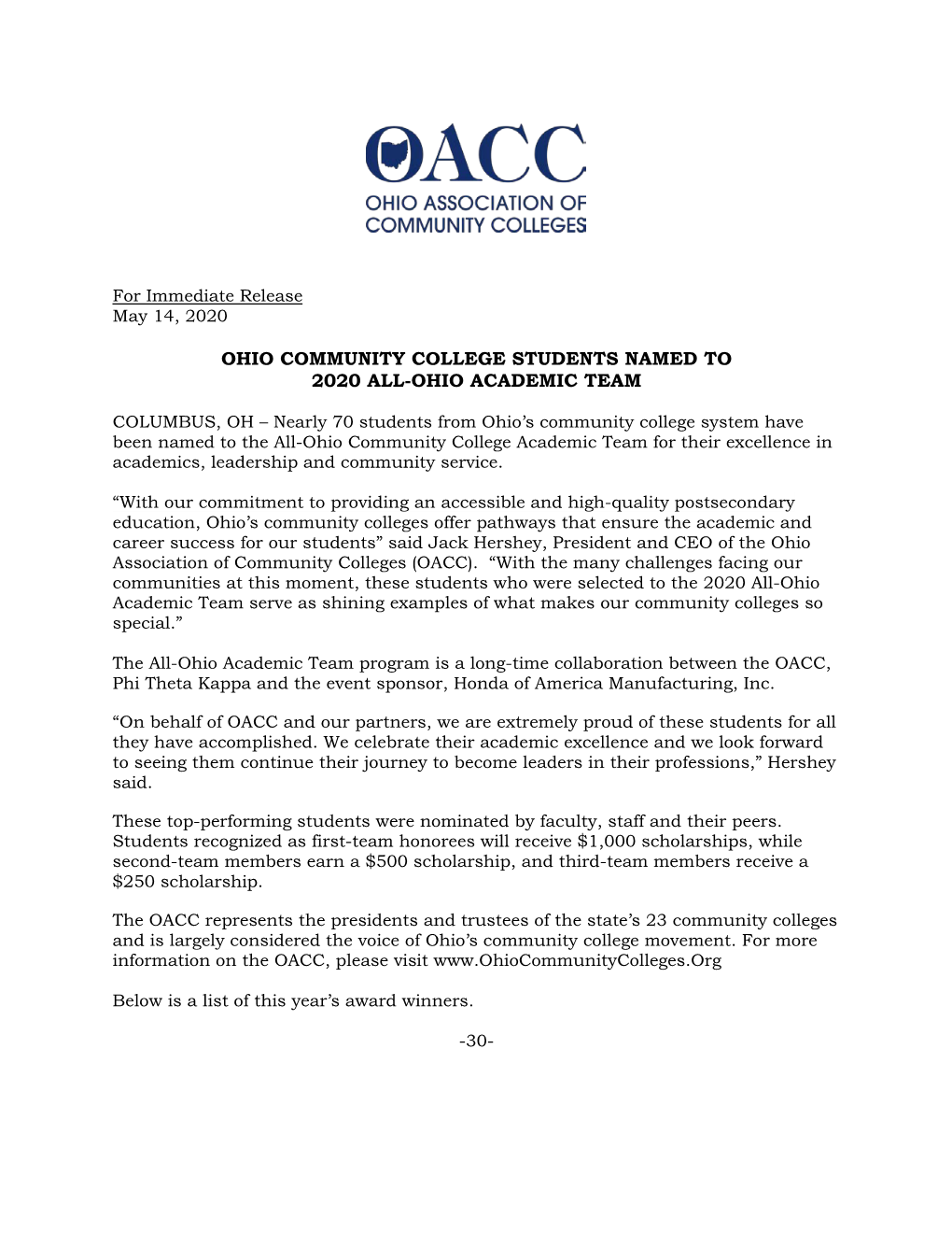 Ohio Community College Students Named to 2020 All-Ohio Academic Team