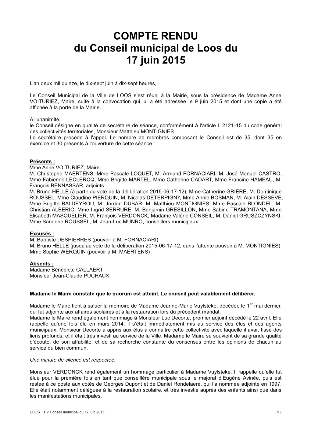 COMPTE RENDU Du Conseil Municipal De Loos Du 17 Juin 2015