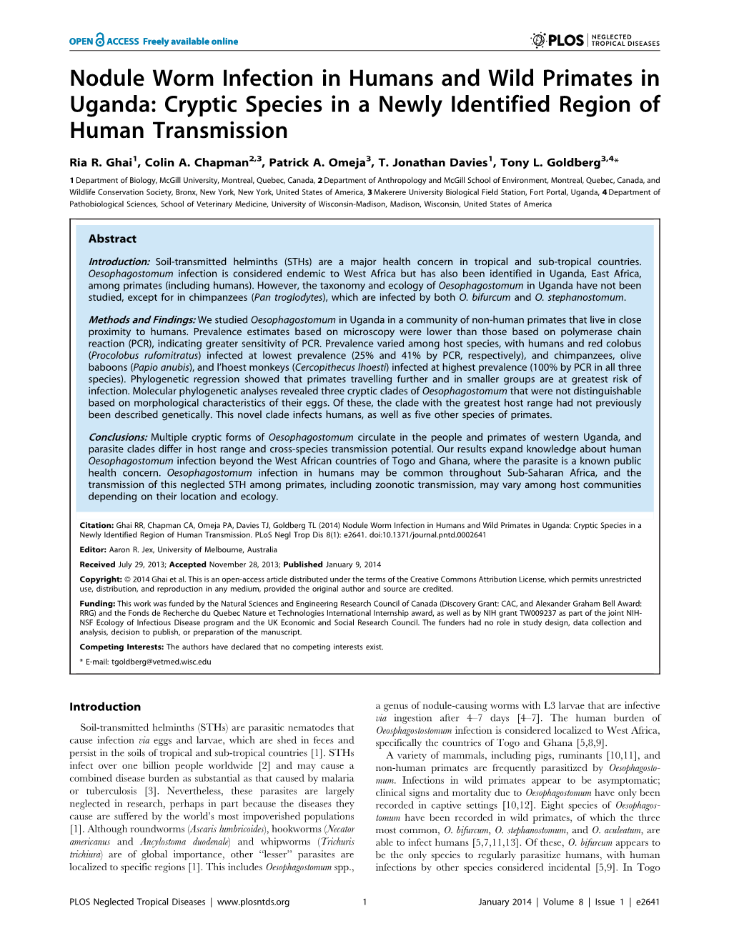 Nodule Worm Infection in Humans and Wild Primates in Uganda: Cryptic Species in a Newly Identified Region of Human Transmission