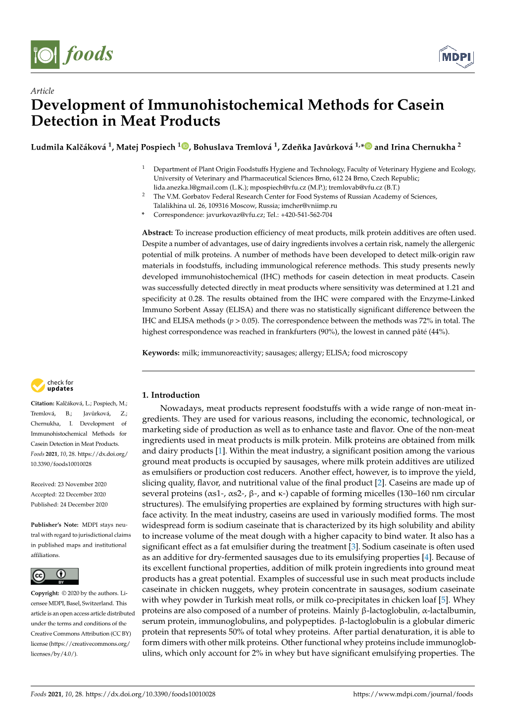 Development of Immunohistochemical Methods for Casein Detection in Meat Products