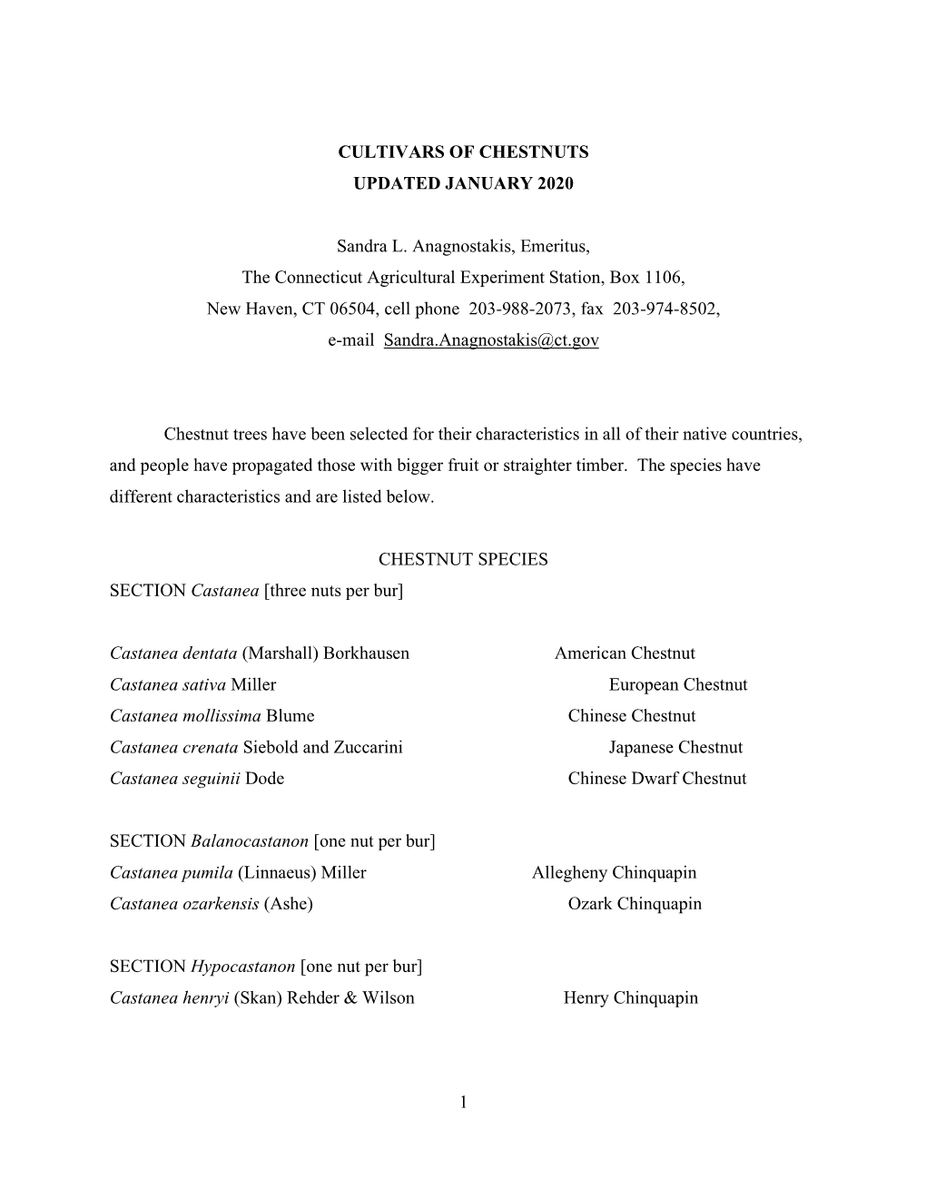 Cultivars of Chestnuts Updated January 2020