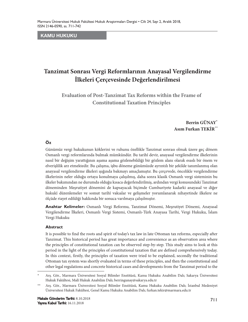 Tanzimat Sonrası Vergi Reformlarının Anayasal Vergilendirme İlkeleri Çerçevesinde Değerlendirilmesi