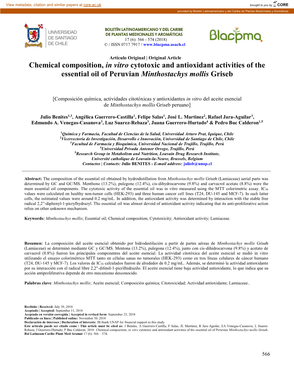 Chemical Composition, in Vitro Cytotoxic and Antioxidant Activities of the Essential Oil of Peruvian Minthostachys Mollis Griseb