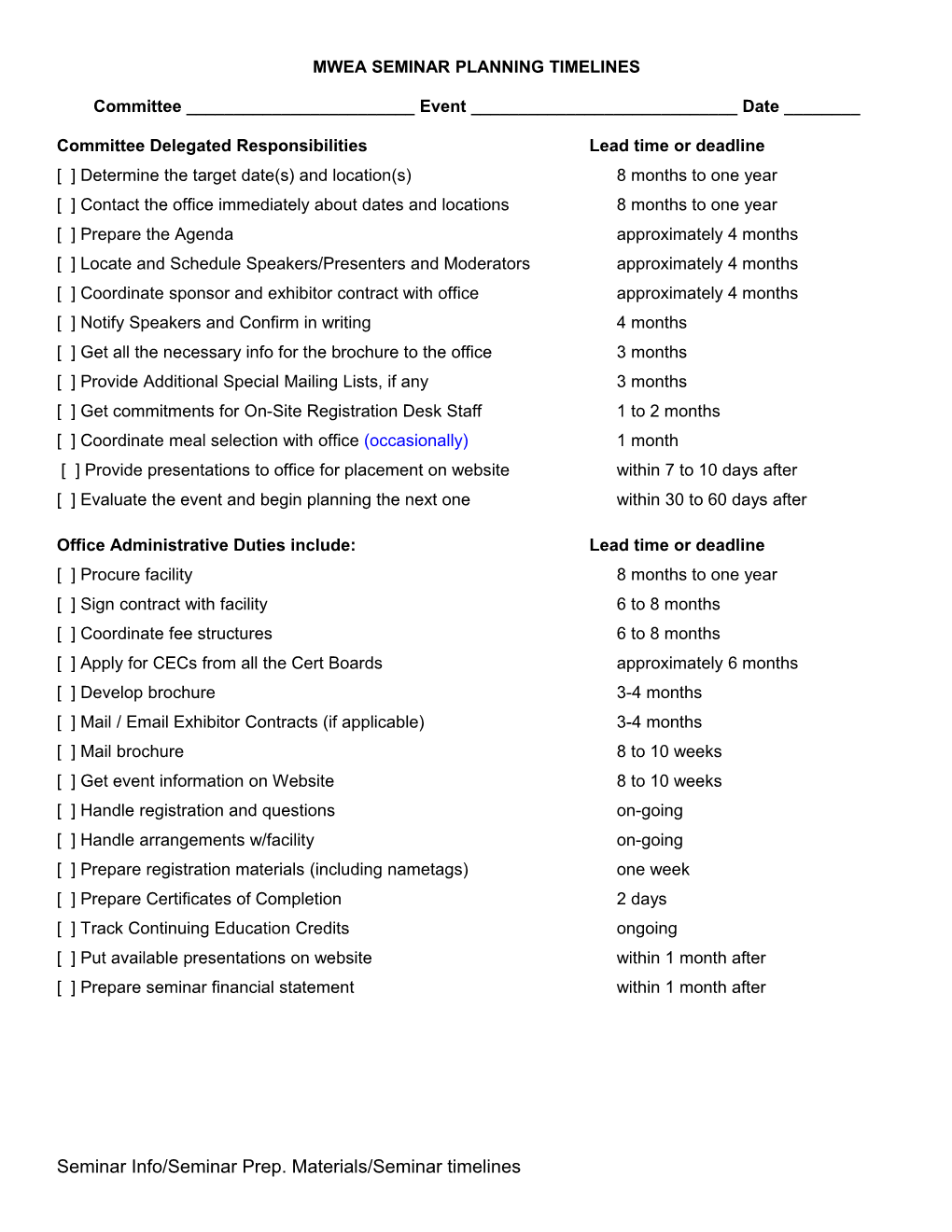 Mwea Event Planning Division of Responsibilities and Timelines