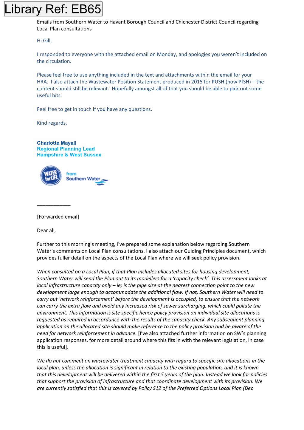 Emails from Southern Water to Havant Borough Council and Chichester District Council Regarding Local Plan Consultations