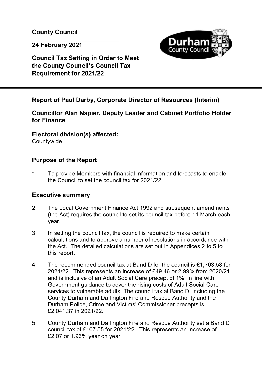 Council Tax Setting in Order to Meet the County Council's Council Tax Requirement for 2021/22