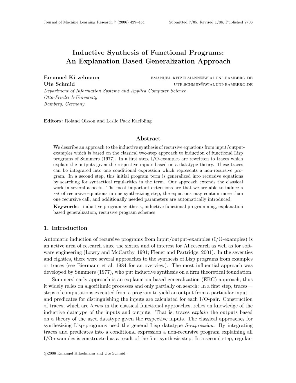 Inductive Synthesis of Functional Programs: an Explanation Based Generalization Approach