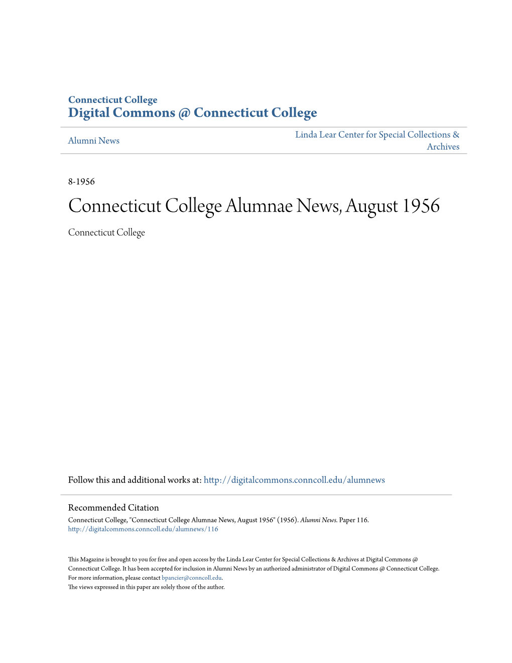 Connecticut College Alumnae News, August 1956 Connecticut College