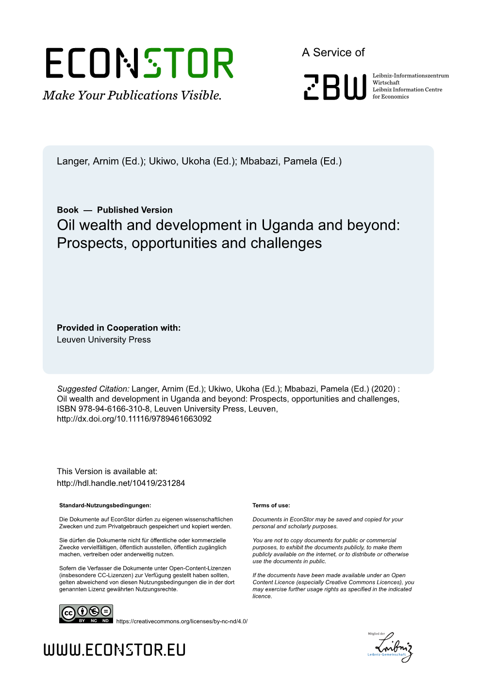 Oil Wealth and Development in Uganda and Beyond: Prospects, Opportunities and Challenges