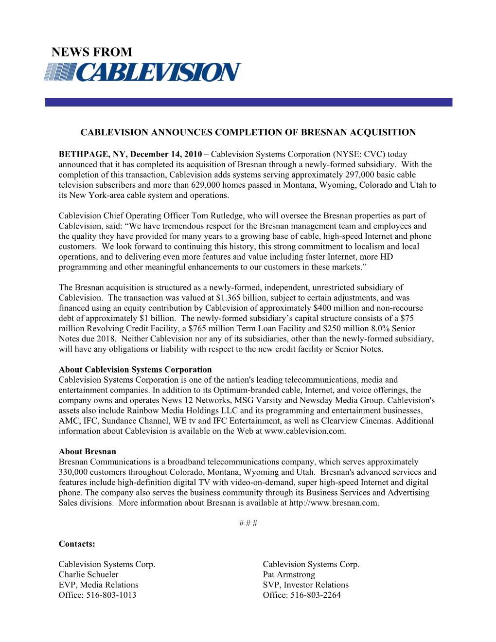 Cablevision Completes Bresnan Communications Acquisition