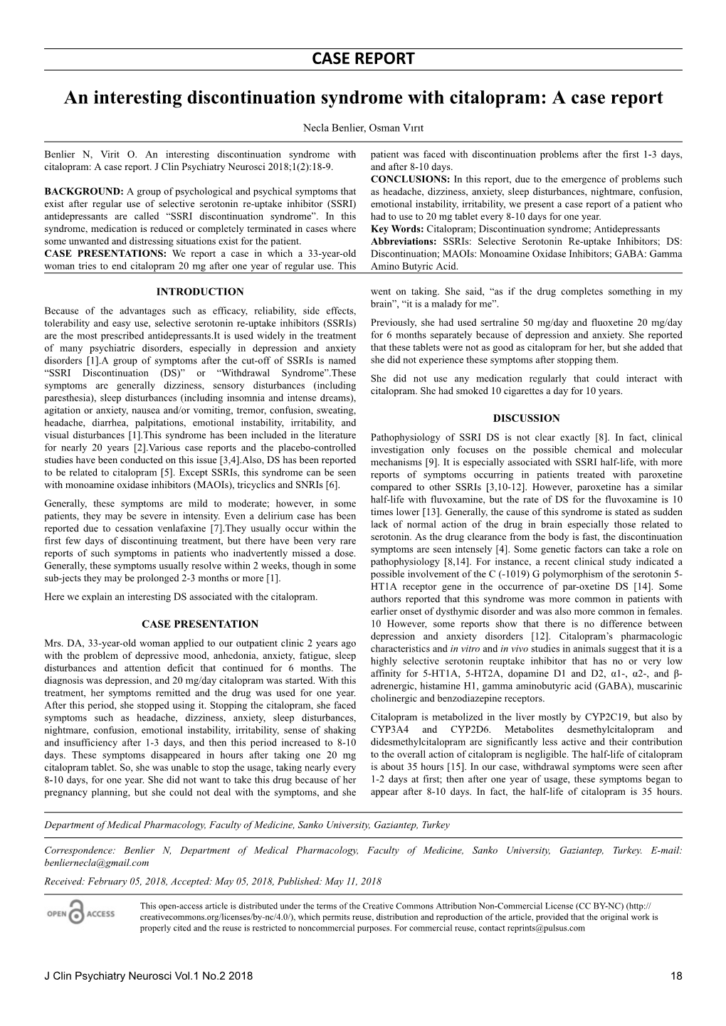 An Interesting Discontinuation Syndrome with Citalopram: a Case Report