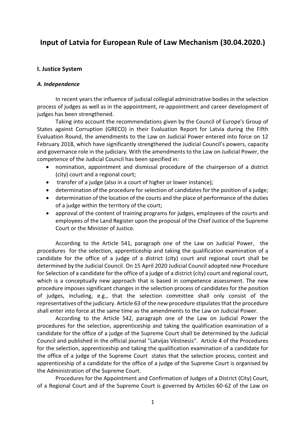 Input of Latvia for European Rule of Law Mechanism (30.04.2020.)