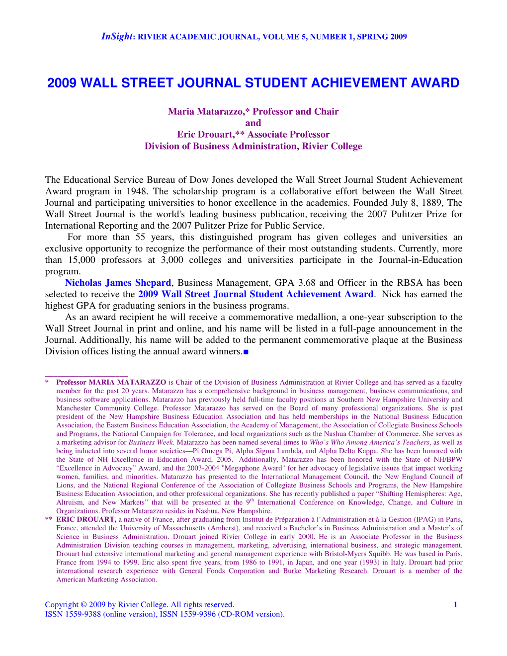 2009 Wall Street Journal Student Achievement Award