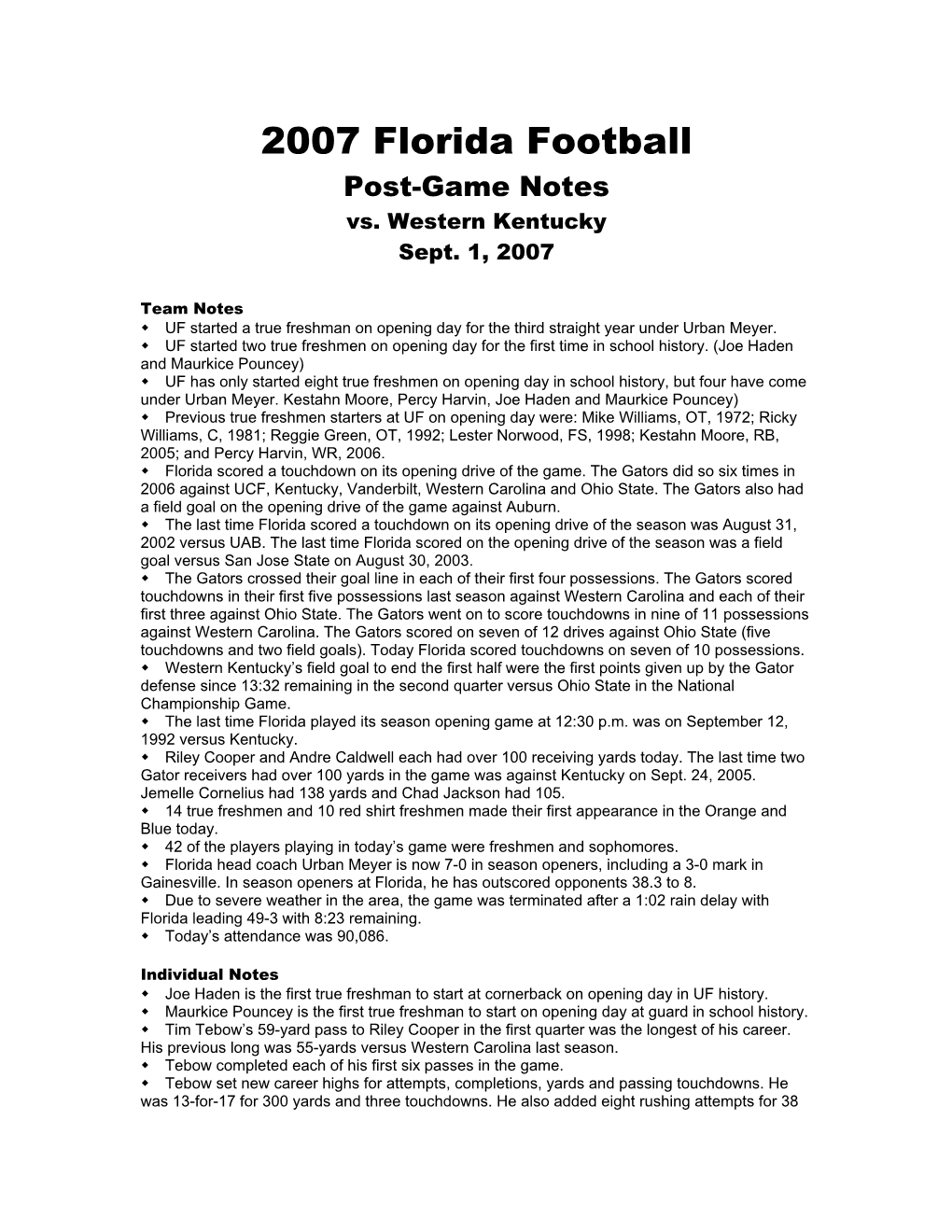 2007 Florida Football Post-Game Notes Vs