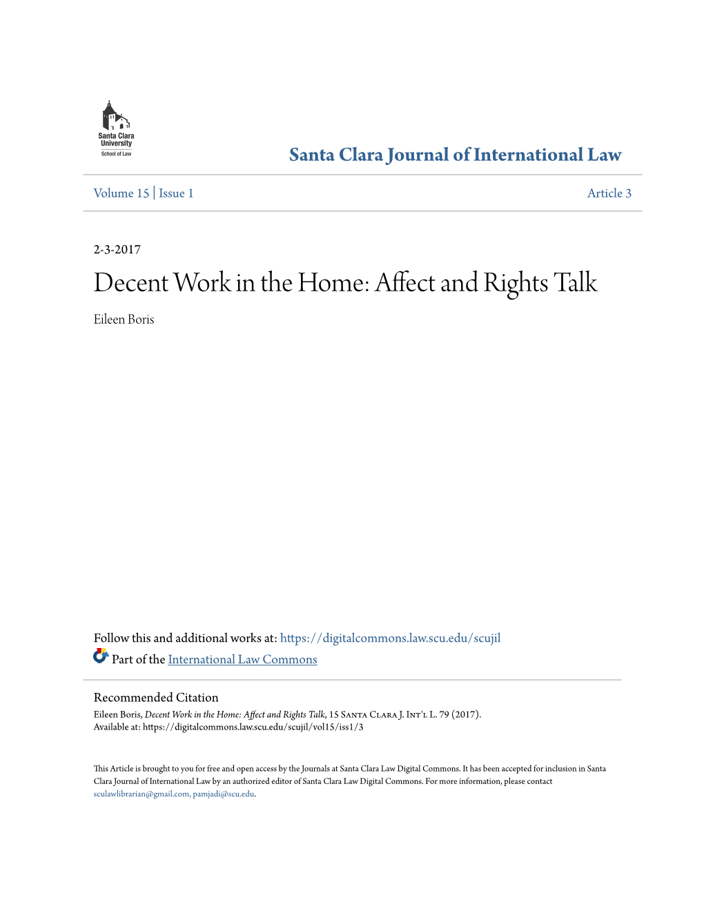 Decent Work in the Home: Affect and Rights Talk Eileen Boris