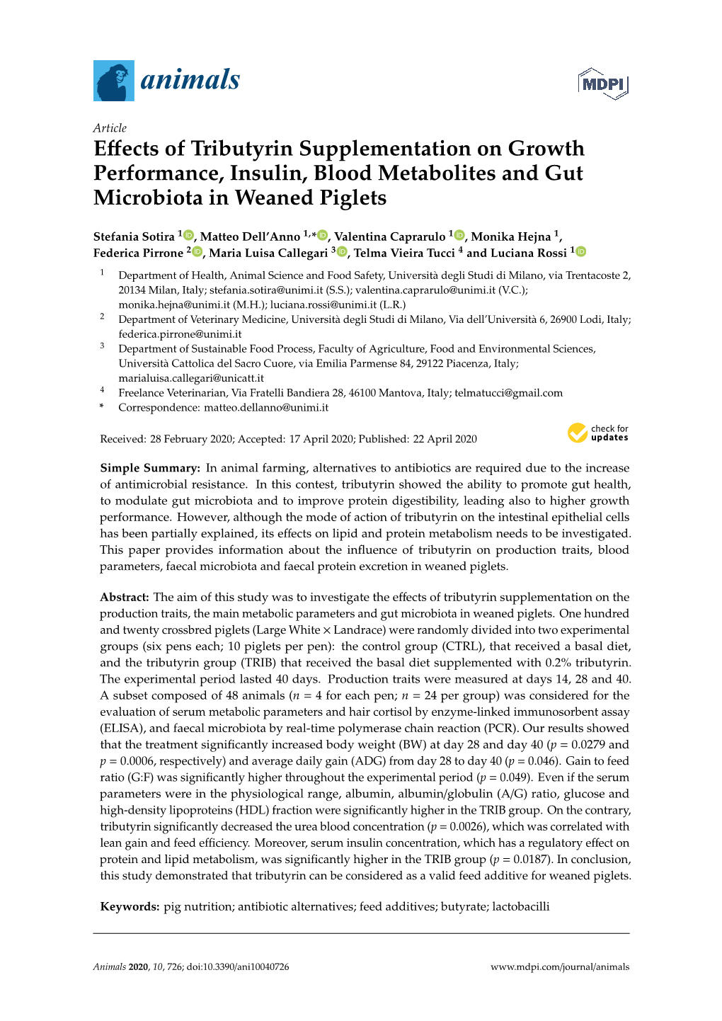 Effects of Tributyrin Supplementation on Growth Performance, Insulin