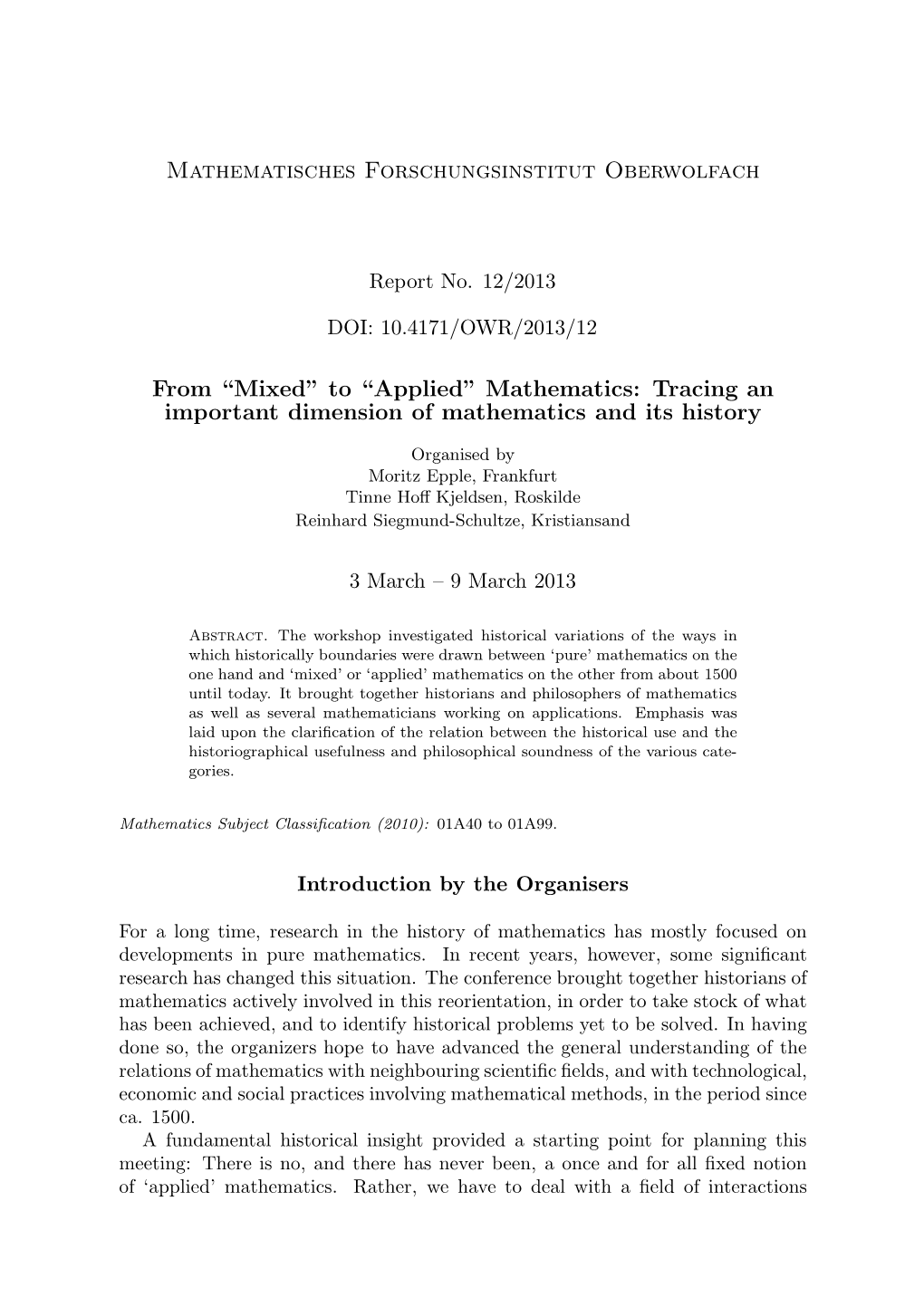 To “Applied” Mathematics: Tracing an Important Dimension of Mathematics and Its History