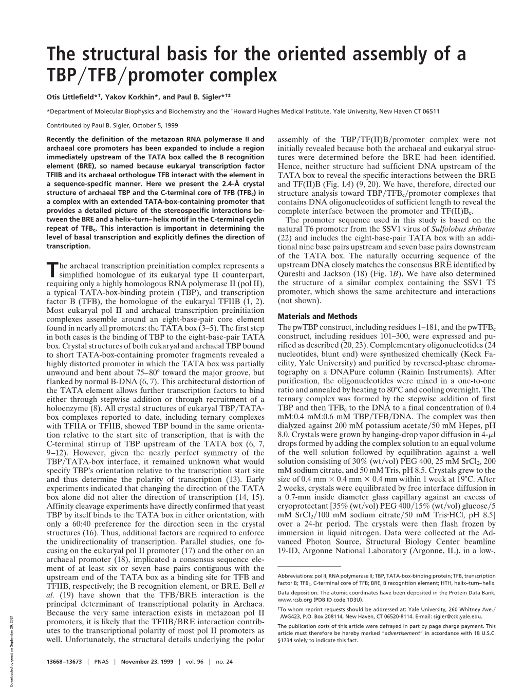 The Structural Basis for the Oriented Assembly of a TBP TFB Promoter