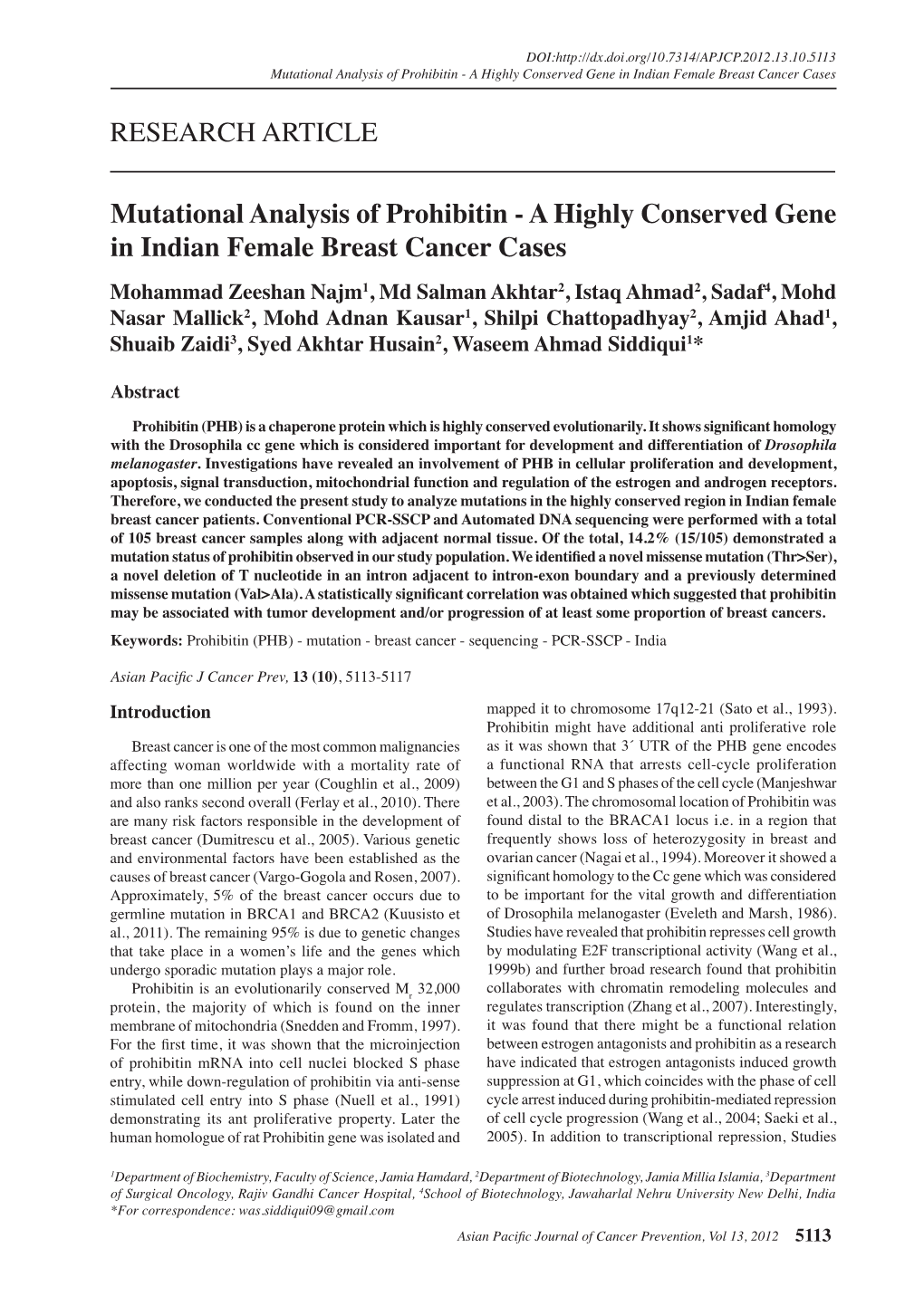 Mutational Analysis of Prohibitin-A Highly Conserved Gene in Indian