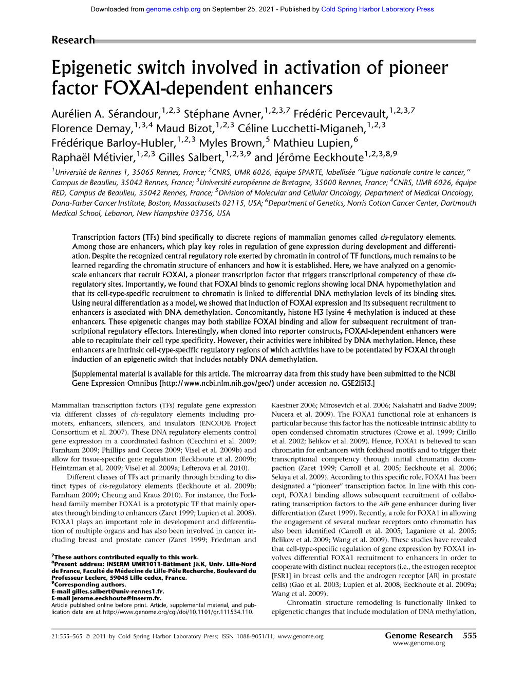 Epigenetic Switch Involved in Activation of Pioneer Factor FOXA1-Dependent Enhancers