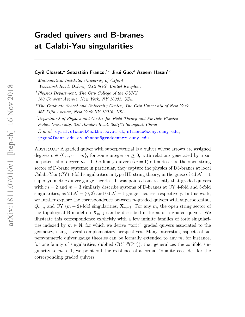 Graded Quivers and B-Branes at Calabi-Yau Singularities Arxiv