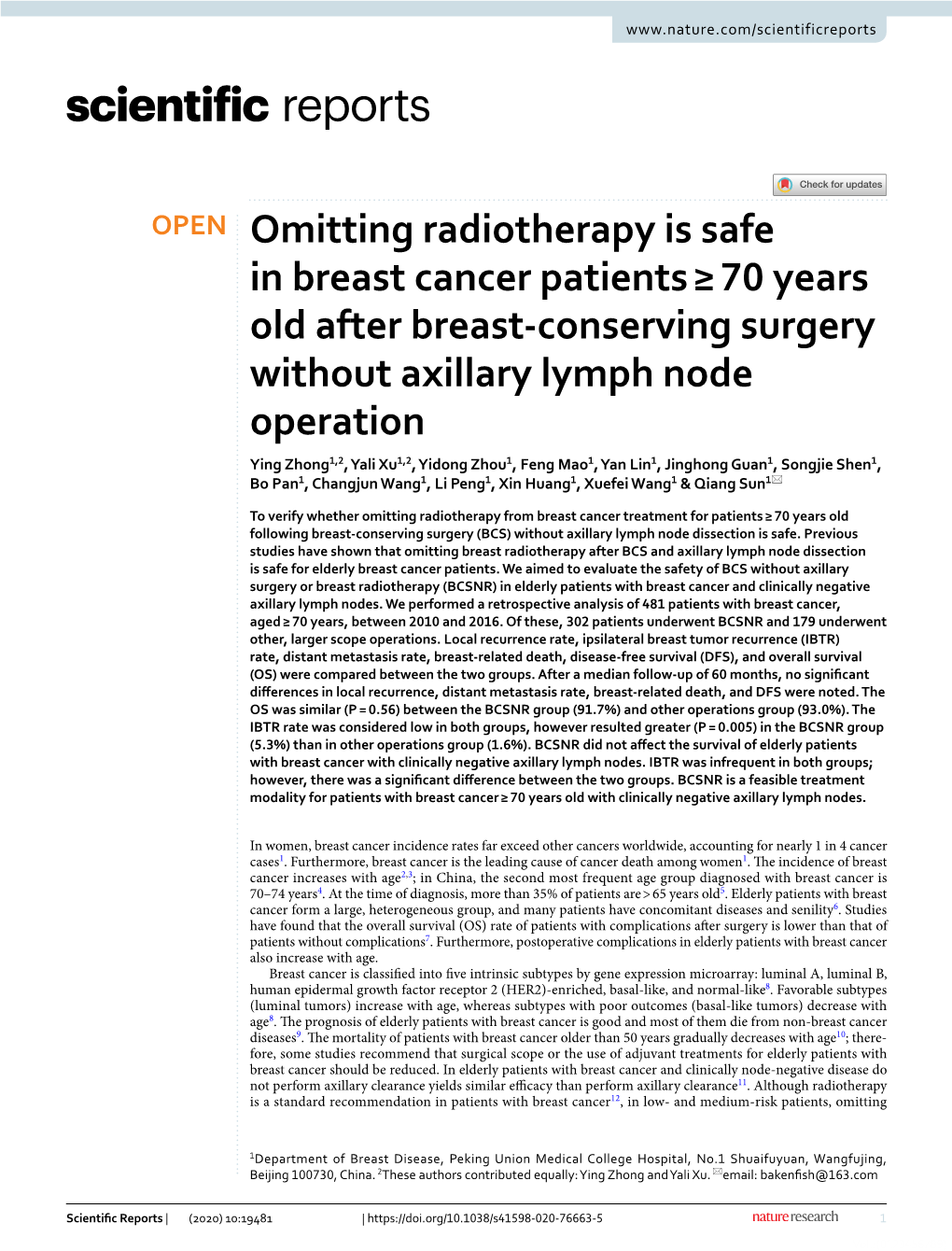 Omitting Radiotherapy Is Safe in Breast Cancer Patients ≥ 70 Years Old After