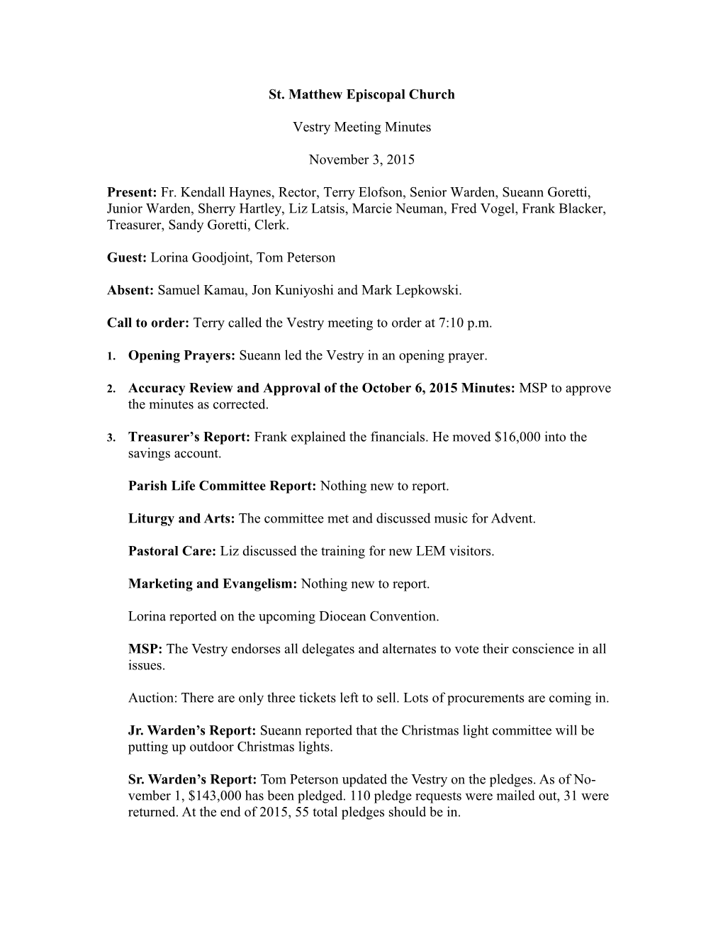 Vestry Meeting Minutes