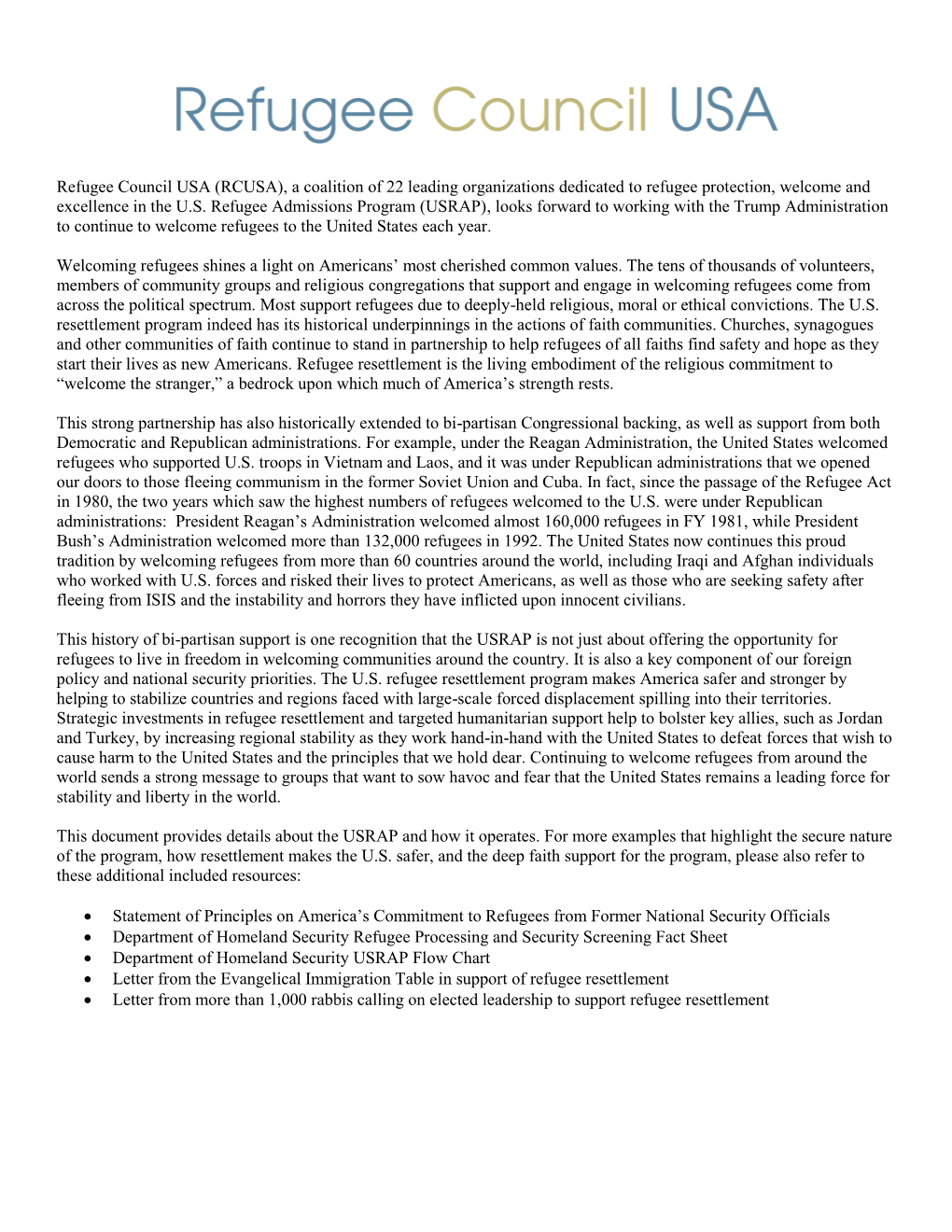 Refugee Council USA (RCUSA), a Coalition of 22 Leading Organizations Dedicated to Refugee Protection, Welcome and Excellence in the U.S