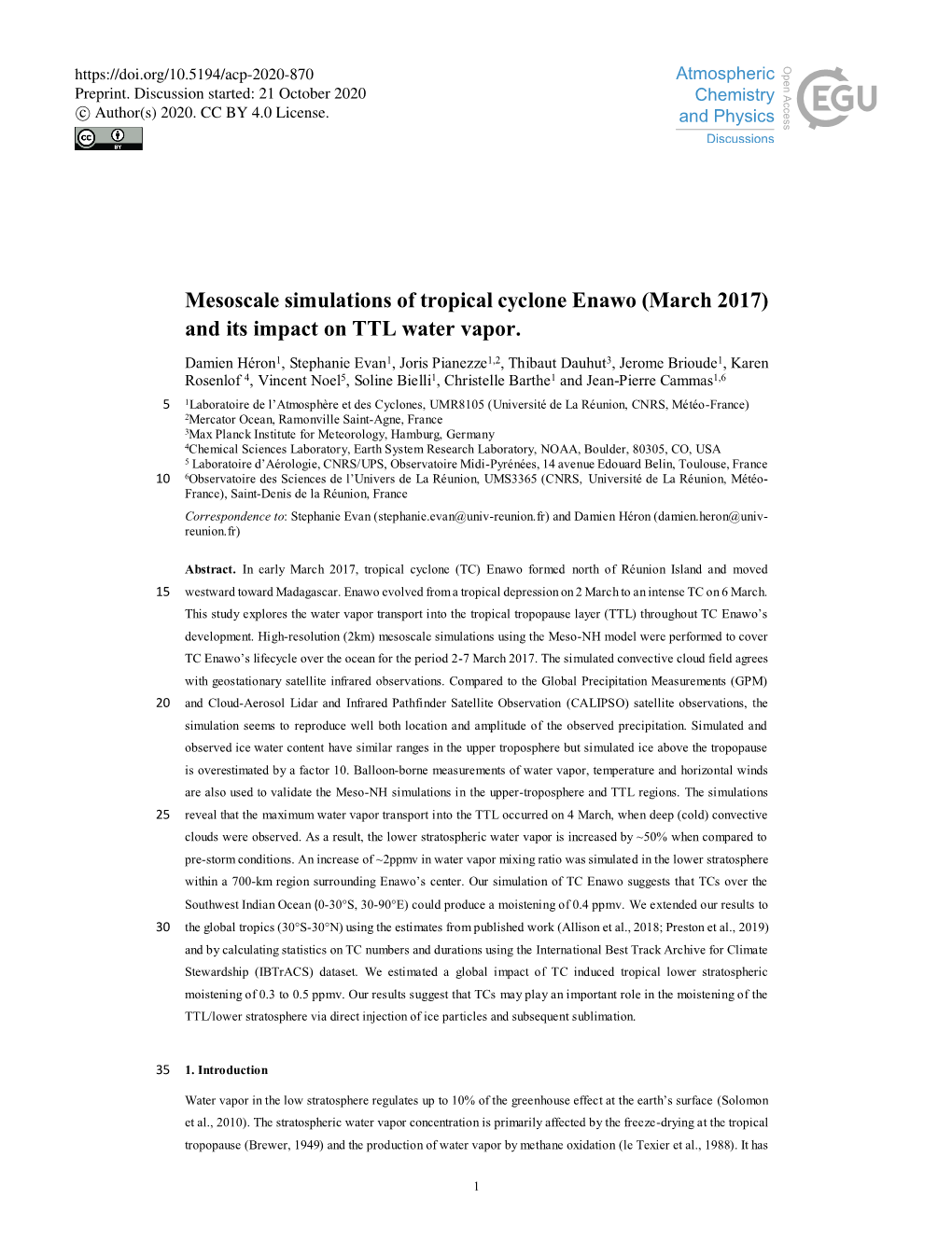 Mesoscale Simulations of Tropical Cyclone Enawo (March 2017) and Its Impact on TTL Water Vapor