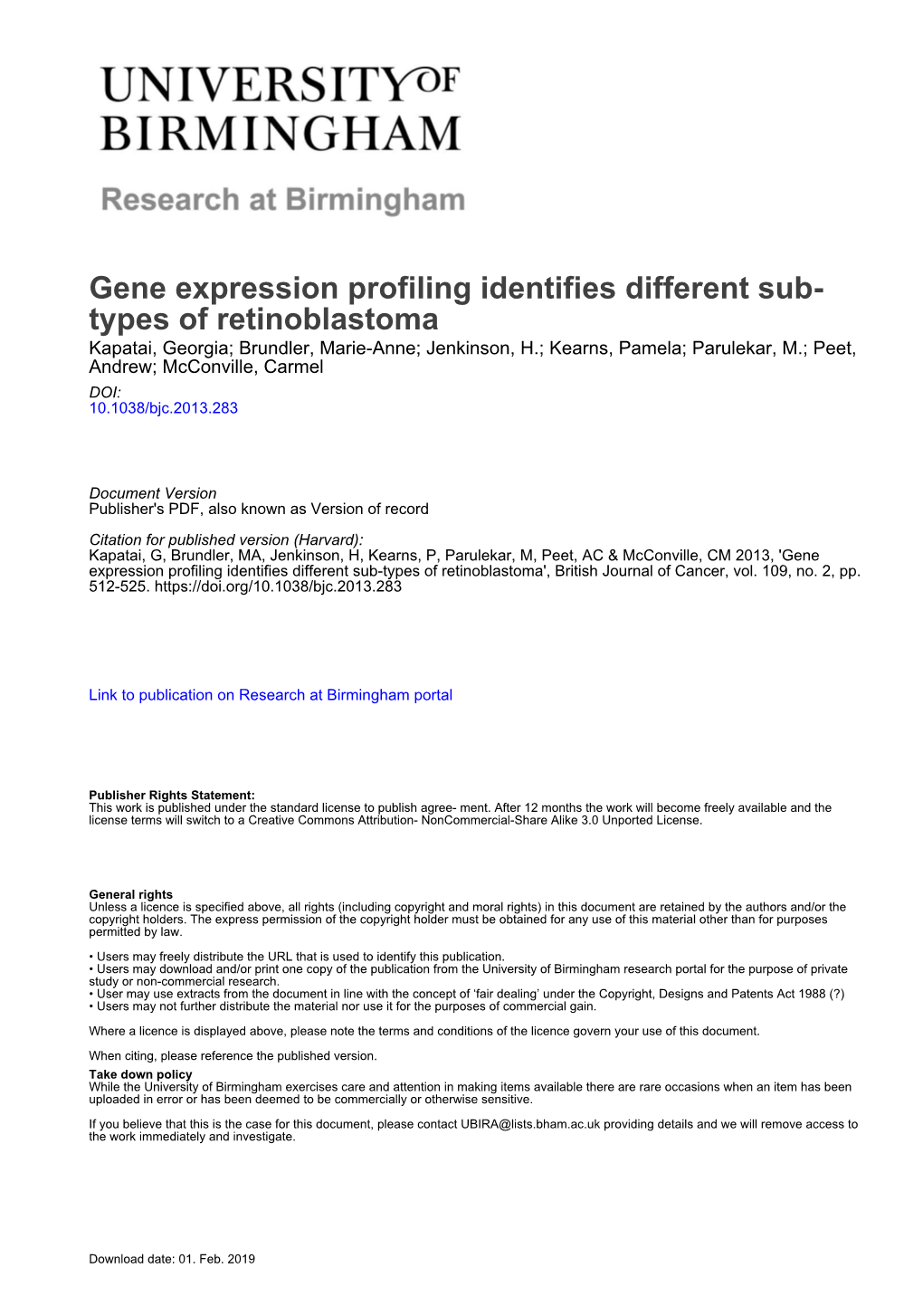 Gene Expression Profiling Identifies Different Sub-Types of Retinoblastoma', British Journal of Cancer, Vol
