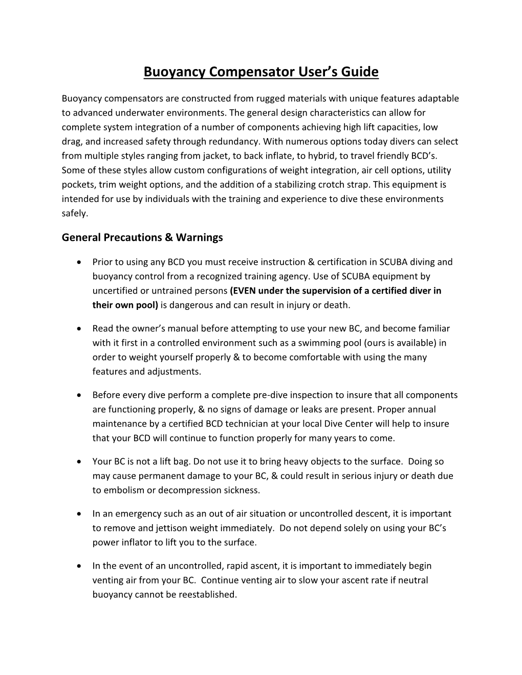 Buoyancy Compensator User's Guide