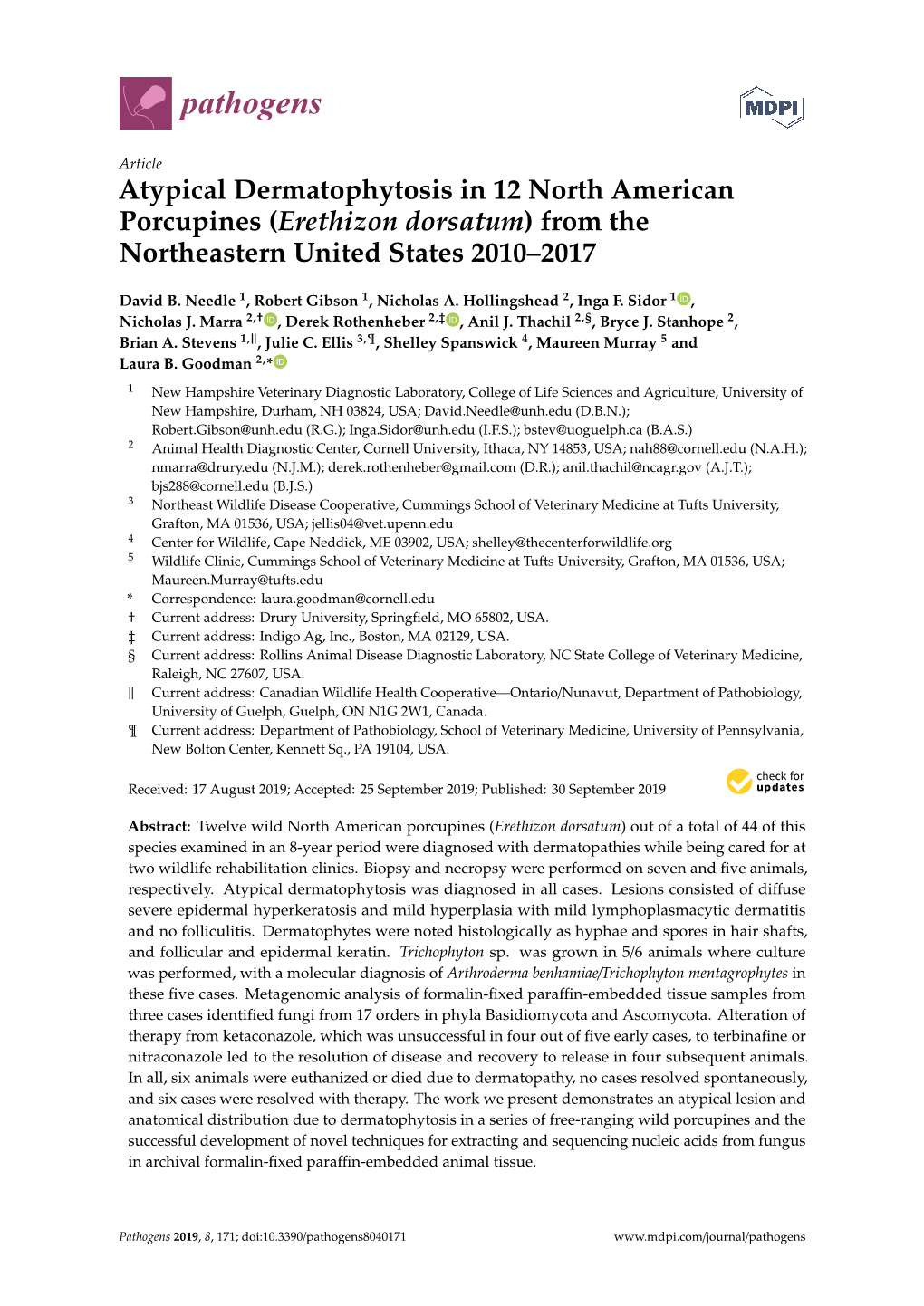 Erethizon Dorsatum) from the Northeastern United States 2010–2017