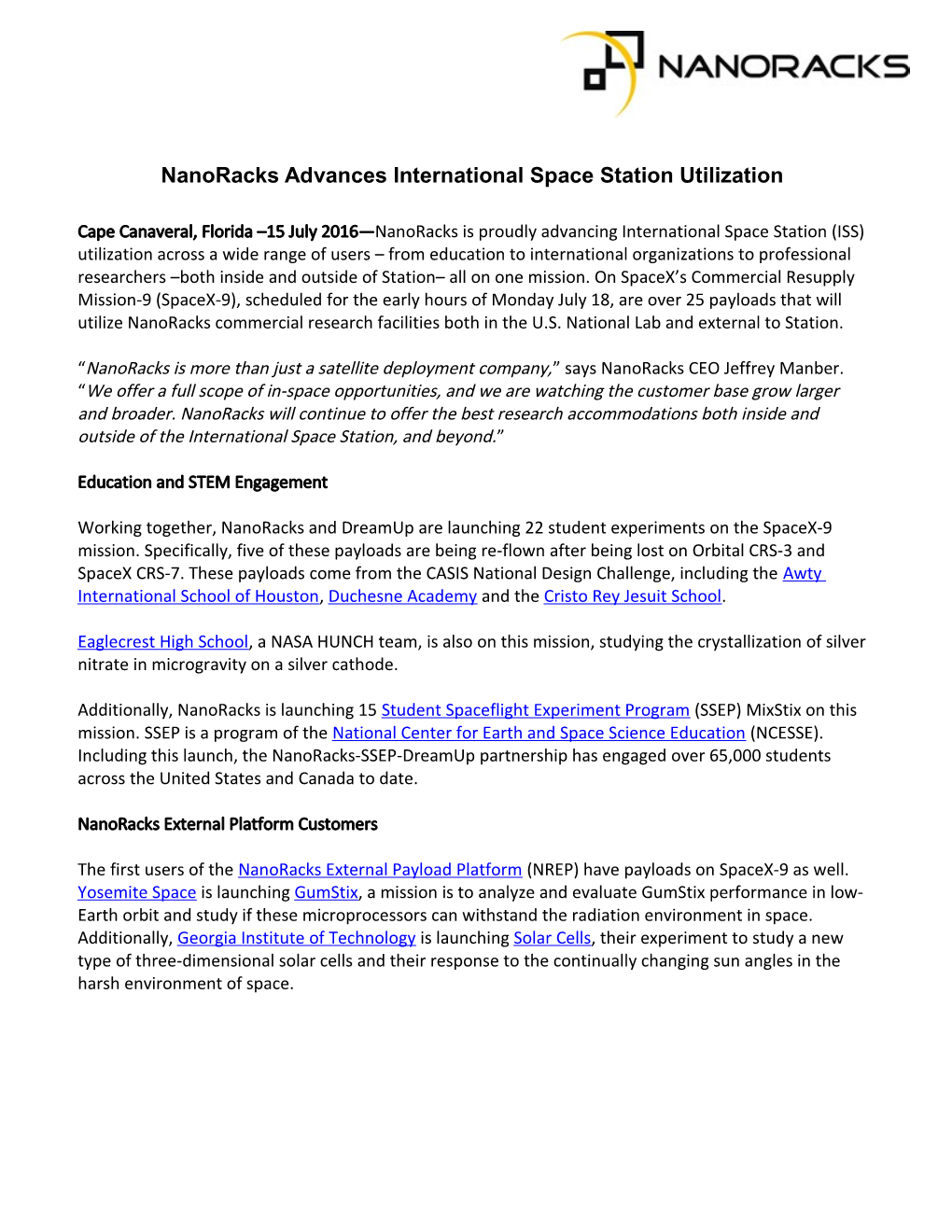 Nanoracks Advances International Space Station Utilization