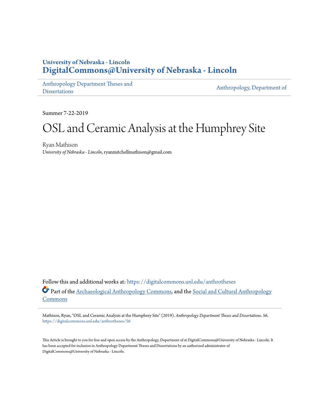 OSL and Ceramic Analysis at the Humphrey Site Ryan Mathison University of Nebraska - Lincoln, Ryanmitchellmathison@Gmail.Com